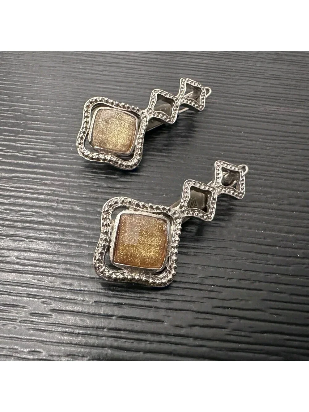 Lot Of 2 Vintage Goody Silver Tone Hair Clips Brown Cabochon Geometric EUC